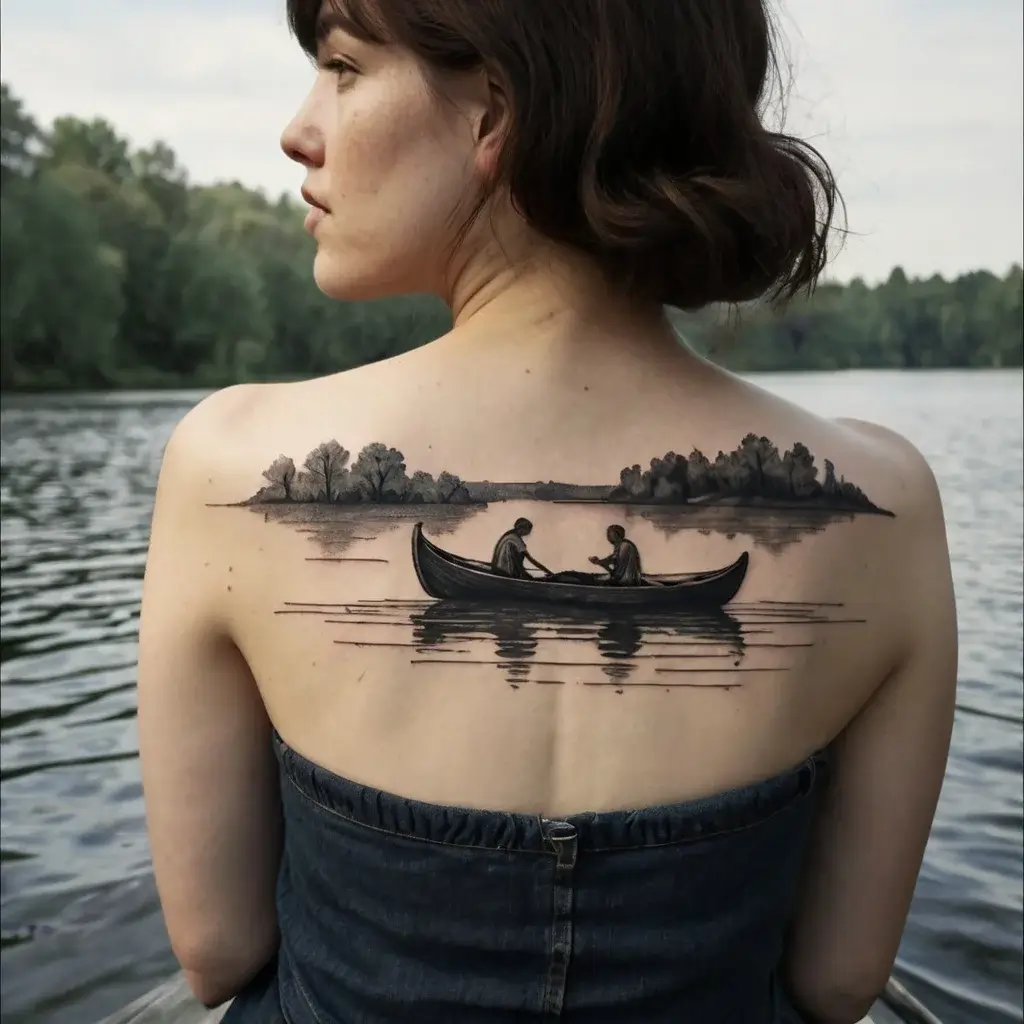 Back tattoo of a serene lake scene featuring two people in a canoe, reflecting nature's tranquility with island silhouettes.