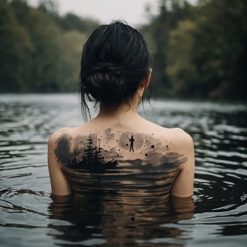 Back tattoo of a ship sailing below a floating figure in front of a moon, set on a watercolor sky.