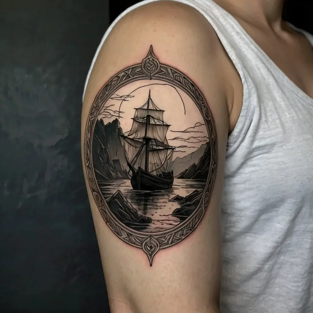 A ship sailing against a mountainous backdrop in a circular frame, emphasizing adventure and exploration.