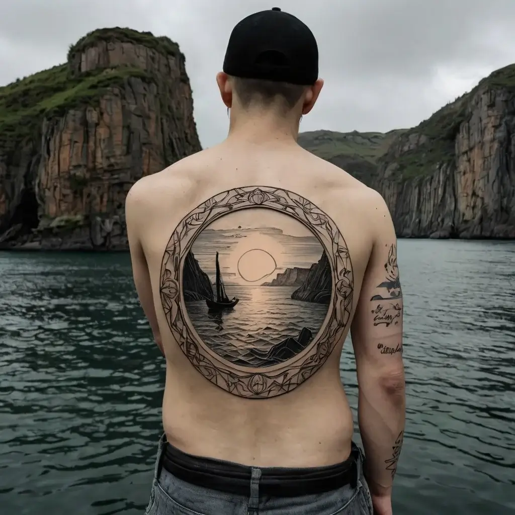 Back tattoo depicting a circular seascape at sunset, featuring a sailboat and cliffs, bordered by intricate patterns.