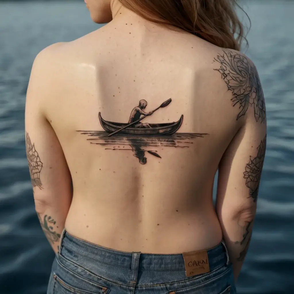 Tattoo of a solitary figure paddling a canoe, with a mirrored reflection on the water, centered on the back.