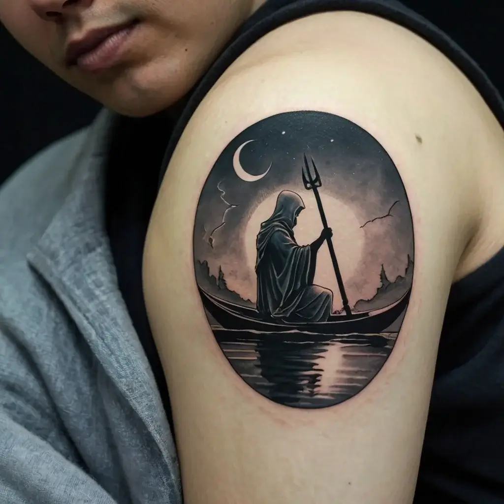 Tattoo of a hooded figure rowing a boat under a crescent moon, symbolizing a mystical night journey on a serene river.