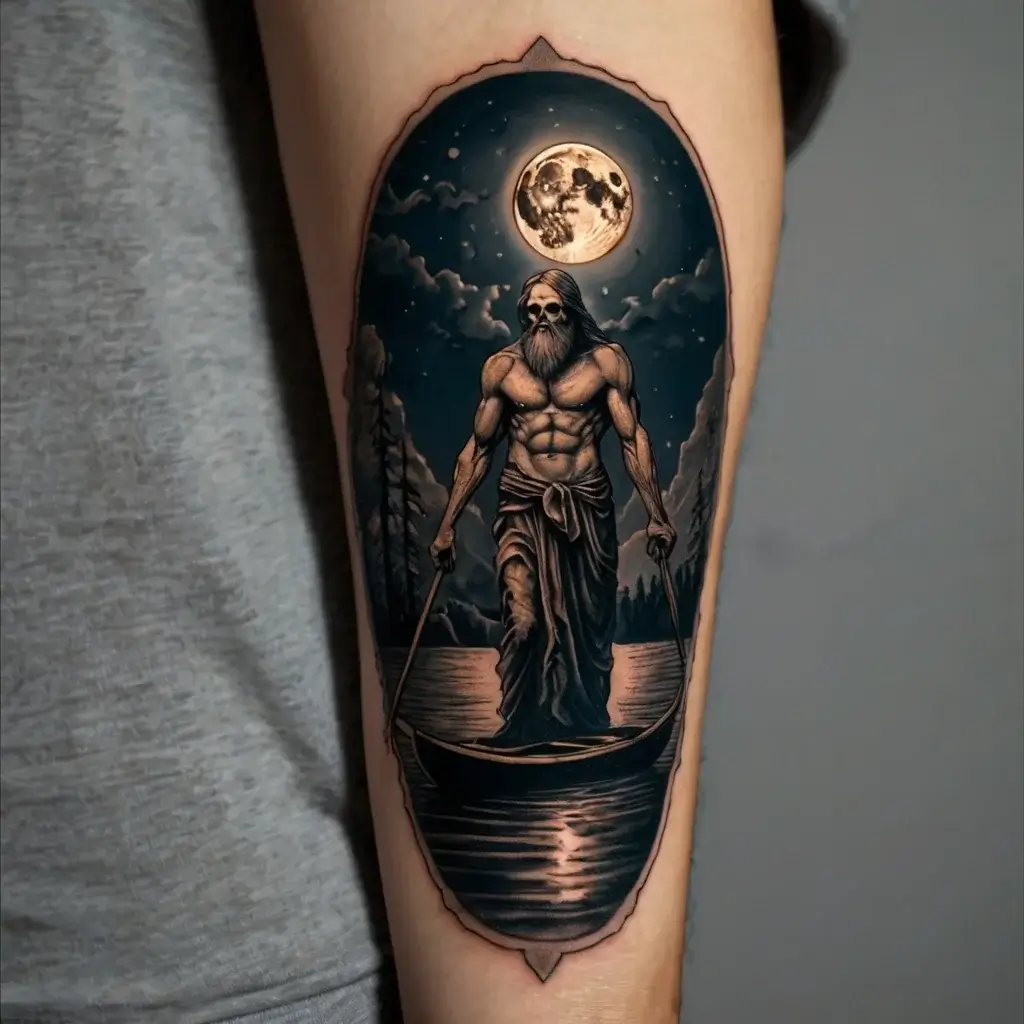 Tattoo of a bearded figure in a boat under a full moon, surrounded by clouds and trees, symbolizing mystery and mythology.