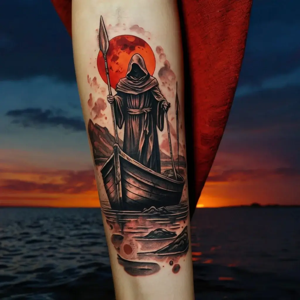 Tattoo of a hooded figure, cloaked, rowing a boat under a red moon, symbolizing mystery and passage to the afterlife.