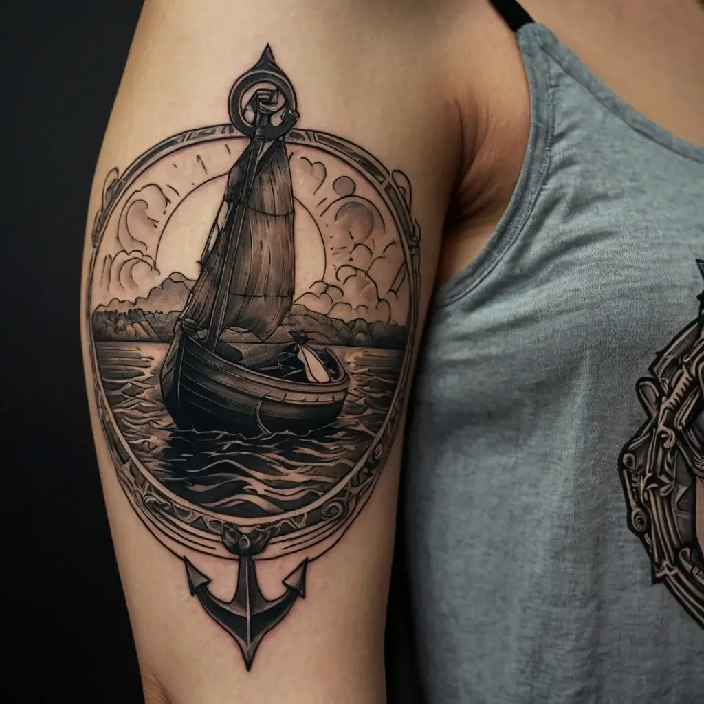 Tattoo of a sailboat on the sea with a sunset background, enclosed in an ornate circle with an anchor at the bottom.