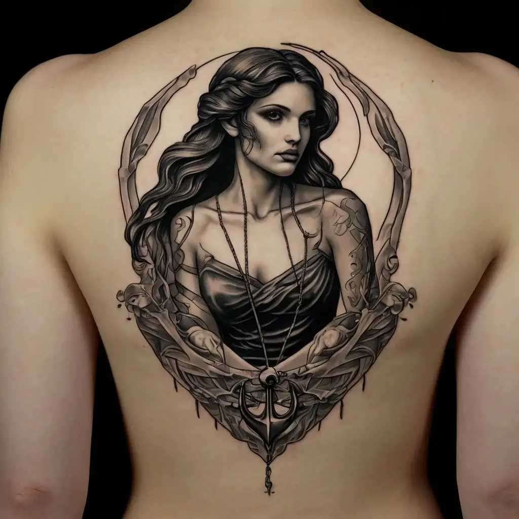 Intricate grayscale tattoo of a woman with flowing hair, set within ornate framing and vines on a person's back.