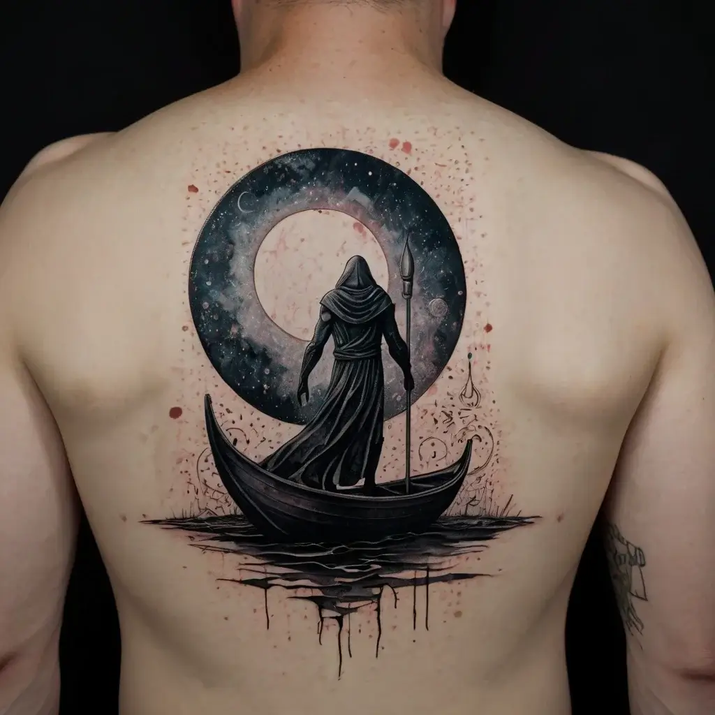 Tattoo of hooded figure on a boat under a starry sky, framed by a crescent moon. Water reflection adds depth.