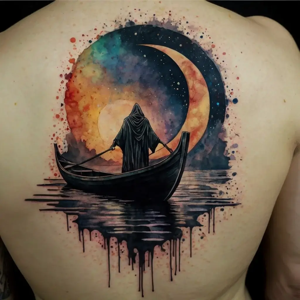 Tattoo of a hooded figure in a boat under a crescent moon, with colorful cosmic background and watercolor drips.