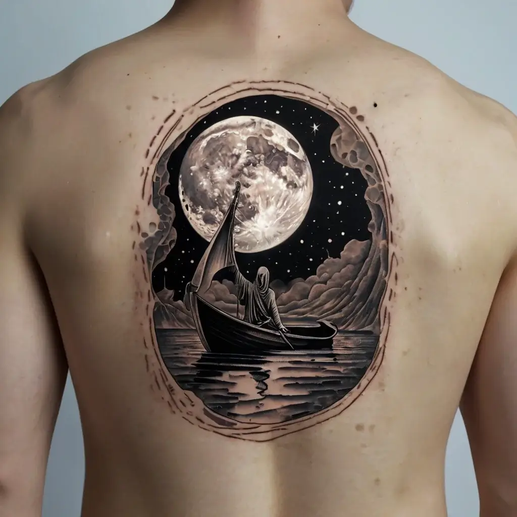 Tattoo of a cloaked figure rowing a boat under a full moon, surrounded by clouds and stars, creating a mystical scene.