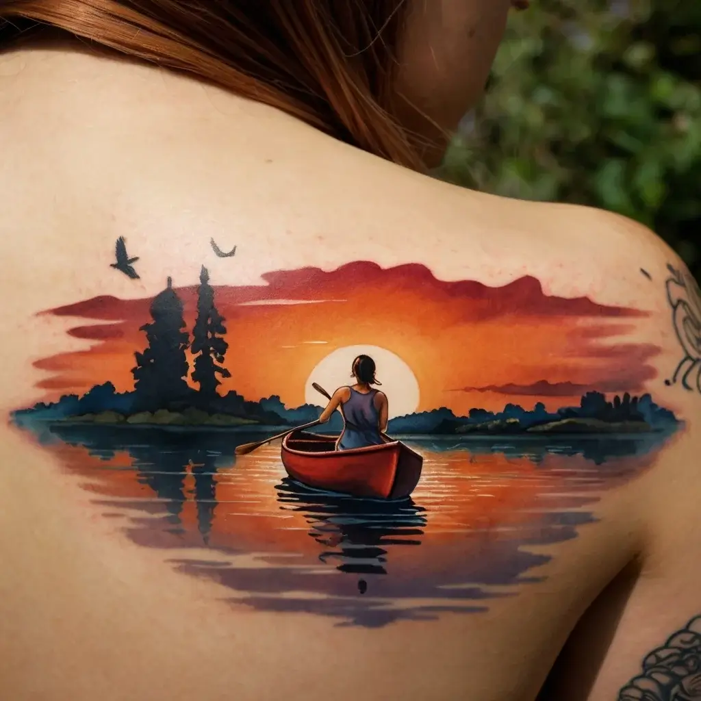 Tattoo of a person in a red canoe on a serene lake, sunset backdrop with trees and birds, evoking tranquility and adventure.