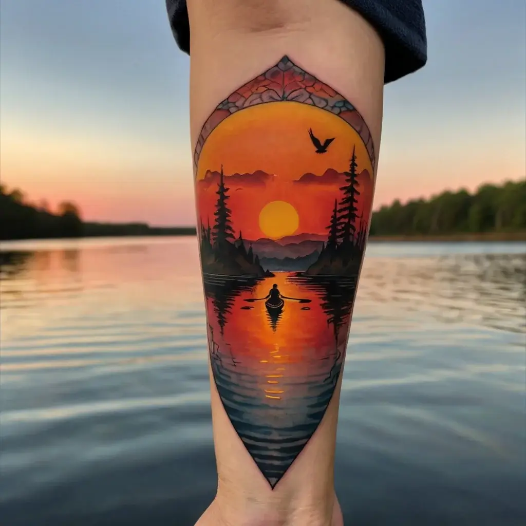 Tattoo of a serene sunset over a lake with a lone kayaker, bordered by pine trees and reflecting vibrant orange hues.