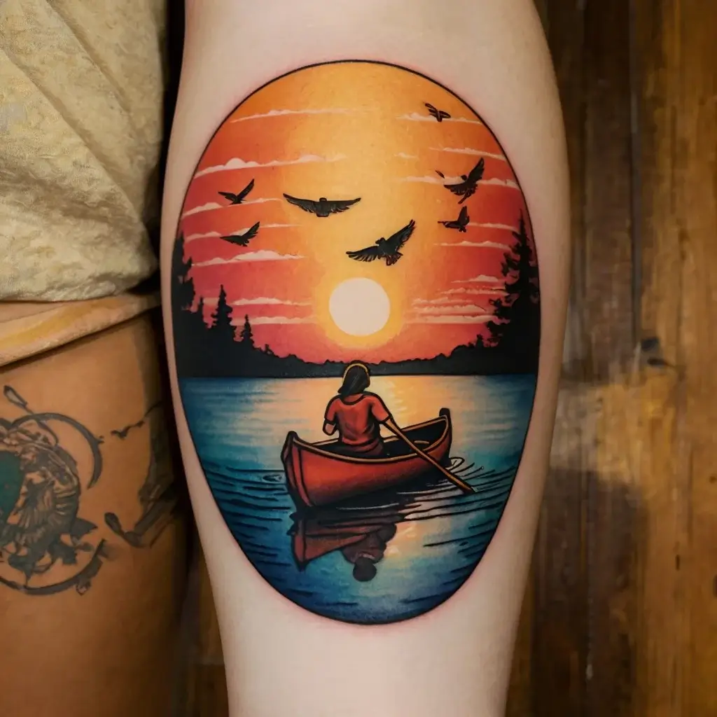 Colorful tattoo of a lone canoeist on a lake at sunset, surrounded by birds, with vivid orange sky reflecting on water.