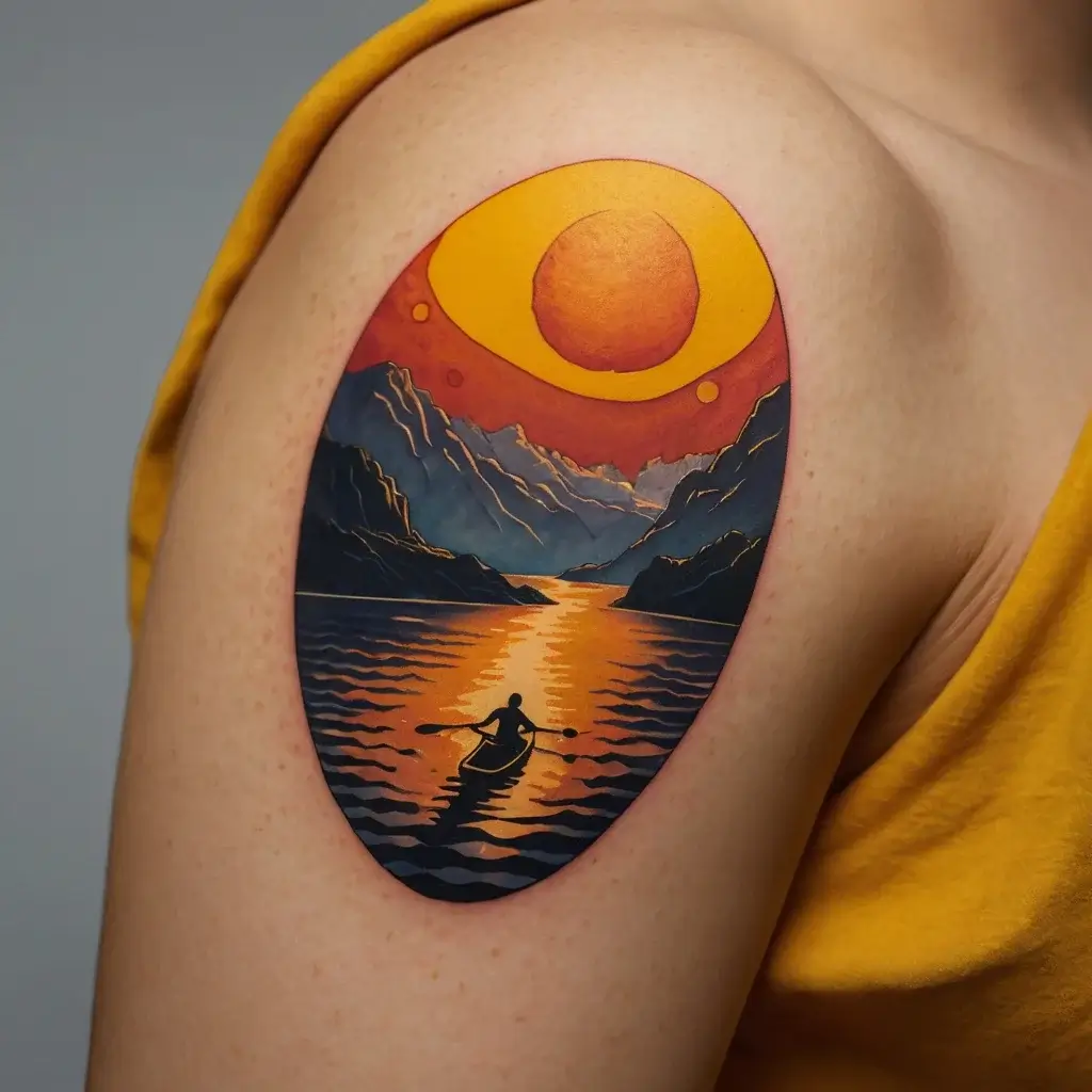 Tattoo: A vibrant sunset over mountains and a lake with a lone kayaker, set in an oval frame on the arm.