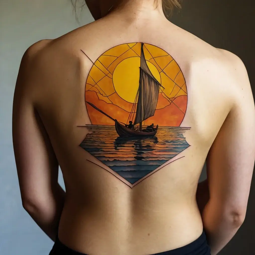 Tattoo depicts a sailboat at sunset on the ocean, with vibrant orange and yellow hues, capturing a serene nautical scene.