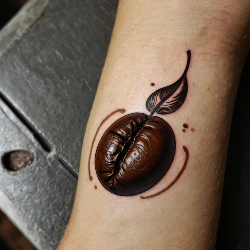 Tattoo depicts a 3D coffee bean with a feather-like element, framed by curved lines for a dynamic, lifelike effect.