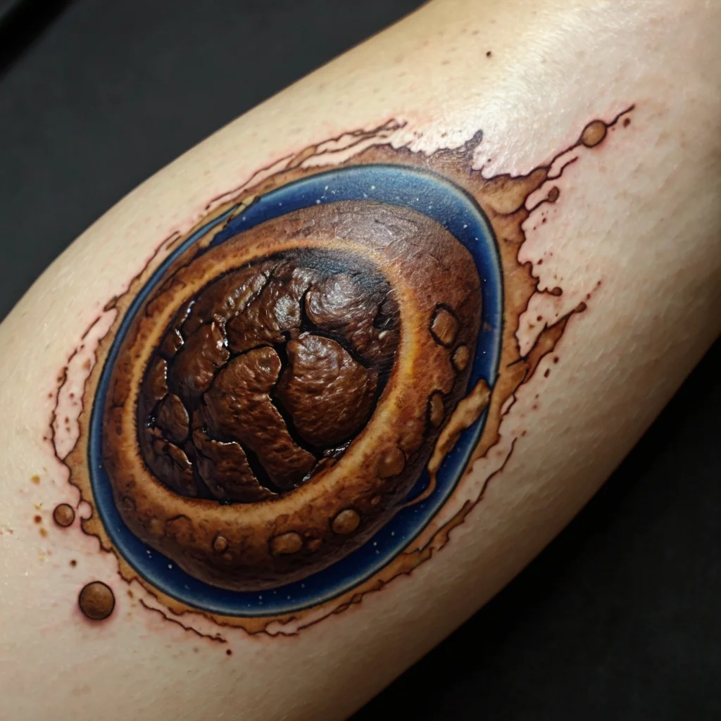 Realistic 3D meteor tattoo with brown cracks, a blue glowing halo, and splattered detail, creating an impact illusion.