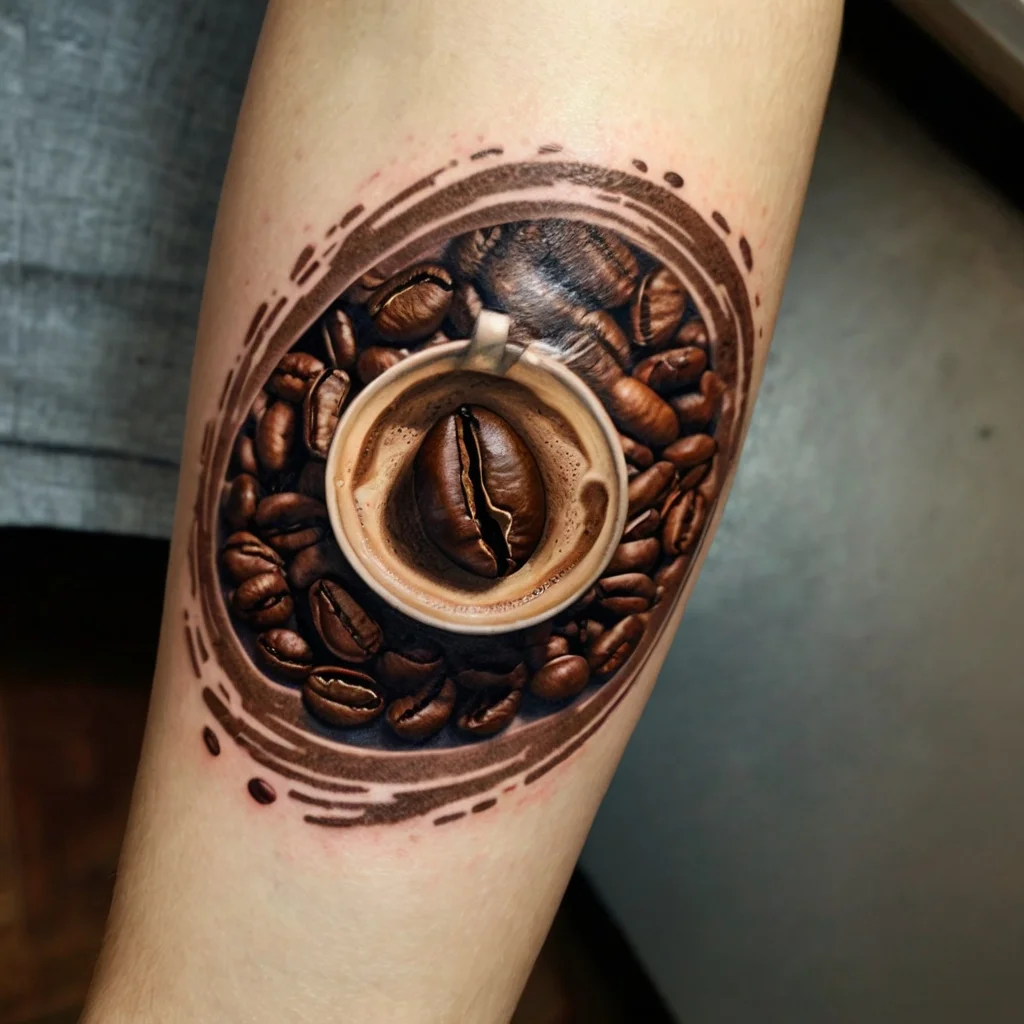 Realistic tattoo of a coffee cup surrounded by detailed coffee beans, featuring rich, earthy tones and intricate shading.