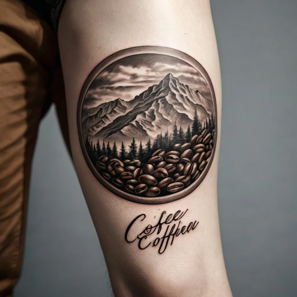 Tattoo of a circle with mountains and coffee beans, featuring pine trees; text reads Coffee Coffea below.