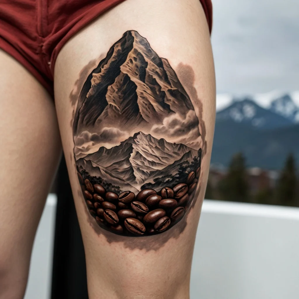 Mountain peak with coffee beans beneath, blending natural majesty and passion for coffee in a surreal thigh tattoo.