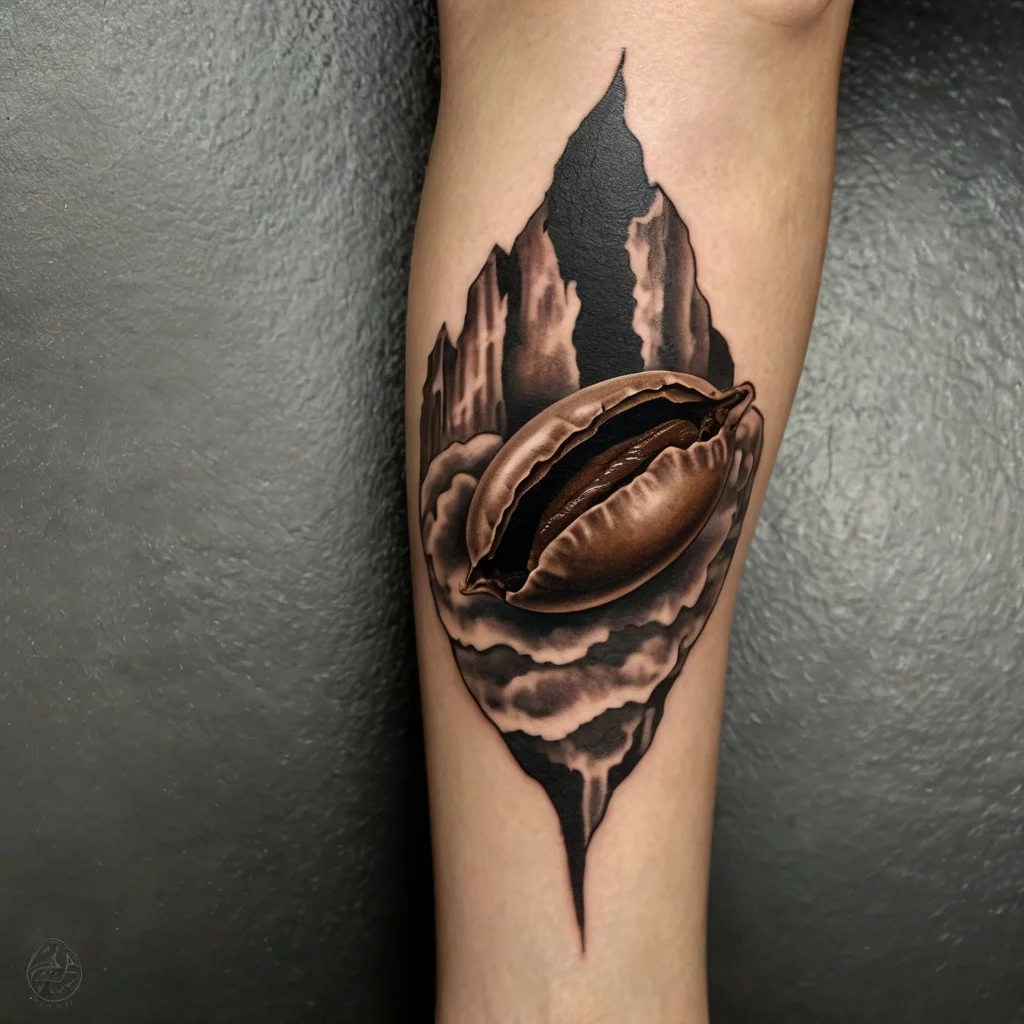 Tattoo of a realistic coffee bean emerging from clouds, framed by jagged mountains in grayscale.