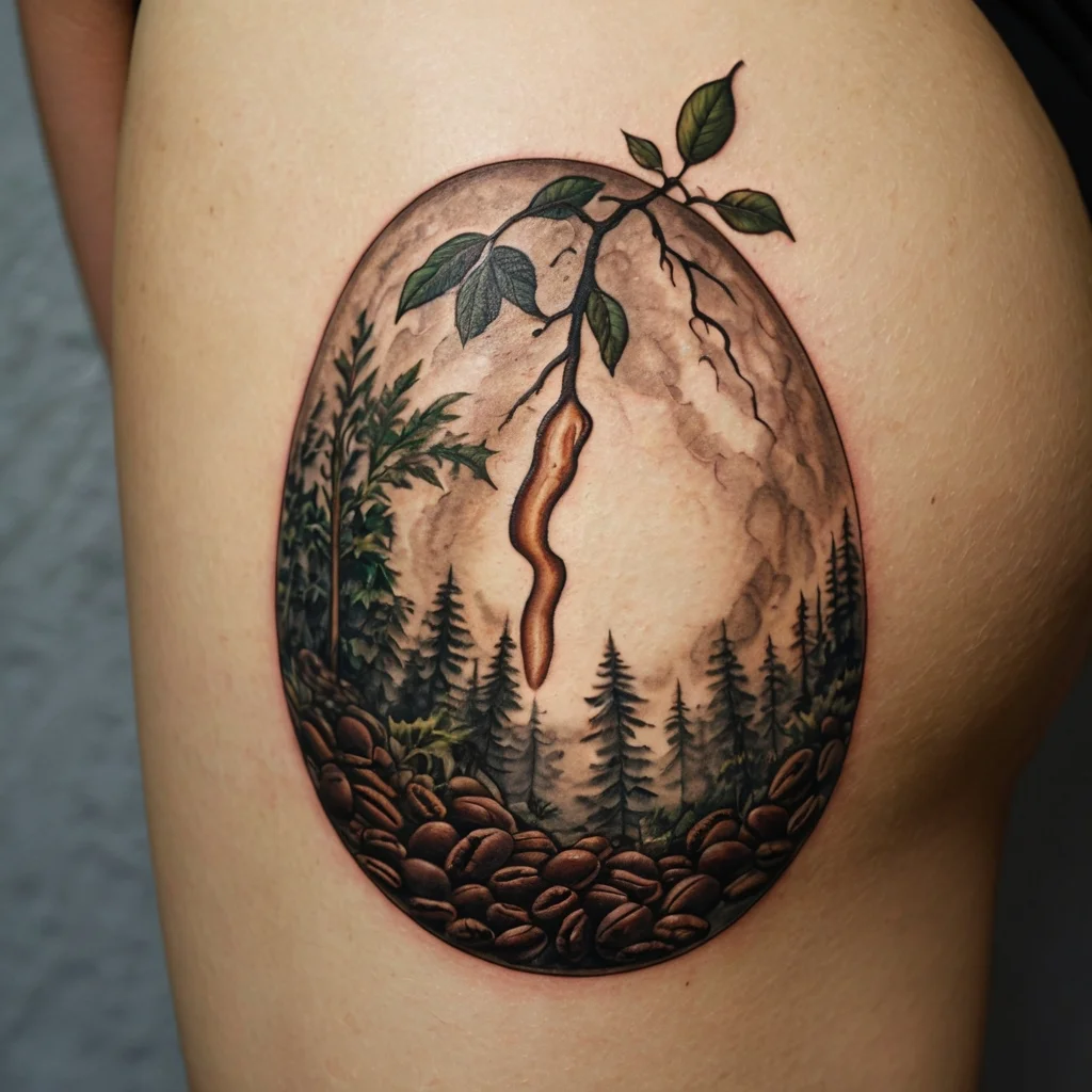 Tattoo of coffee branch with leaves, cherry beans, and forest scene, blending surrealism with nature elements.