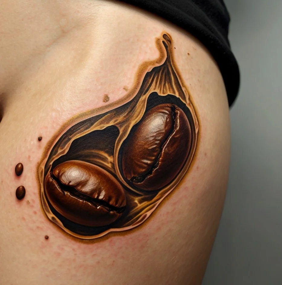 Realistic coffee beans tattoo with splashes, showcasing rich browns and smooth textures, creating a 3D effect on the skin.