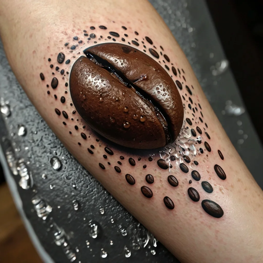 3D coffee bean tattoo with realistic droplets and shadows, creating a textured, lifelike effect on the skin.