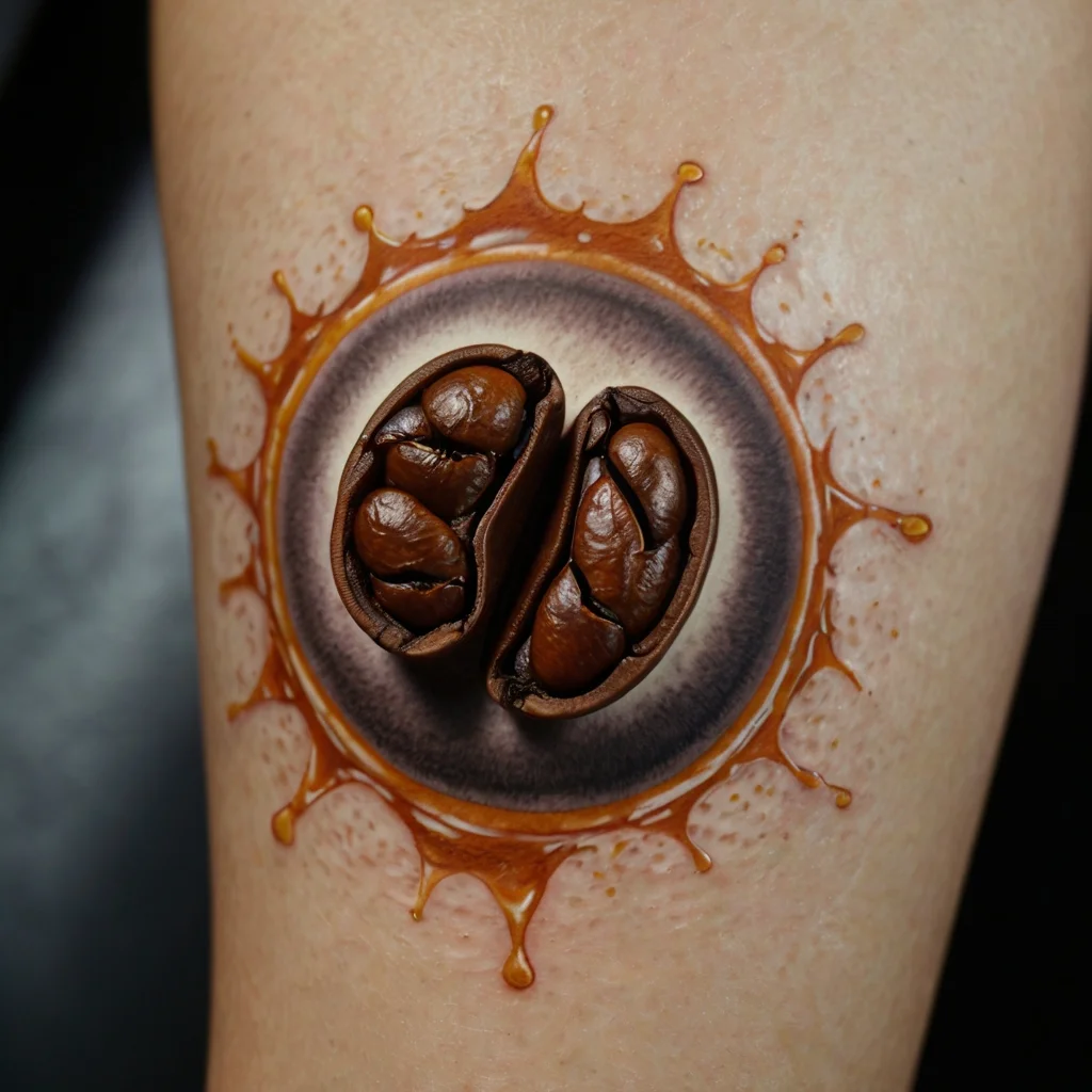 3D coffee bean tattoo design with realistic splash effect, creating a dynamic, lifelike coffee spill illusion.