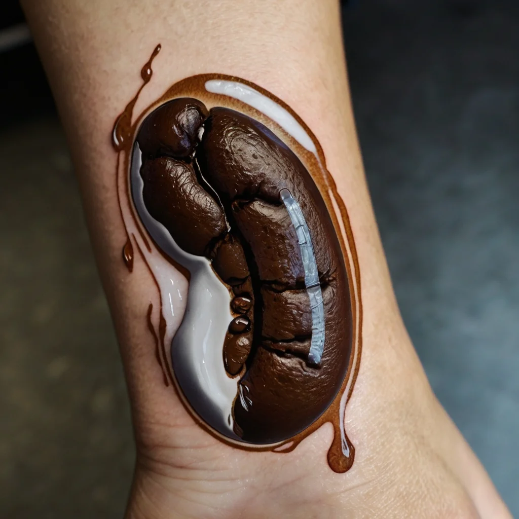 Hyper-realistic coffee bean tattoo with milk splashes, creating a 3D effect on the skin.