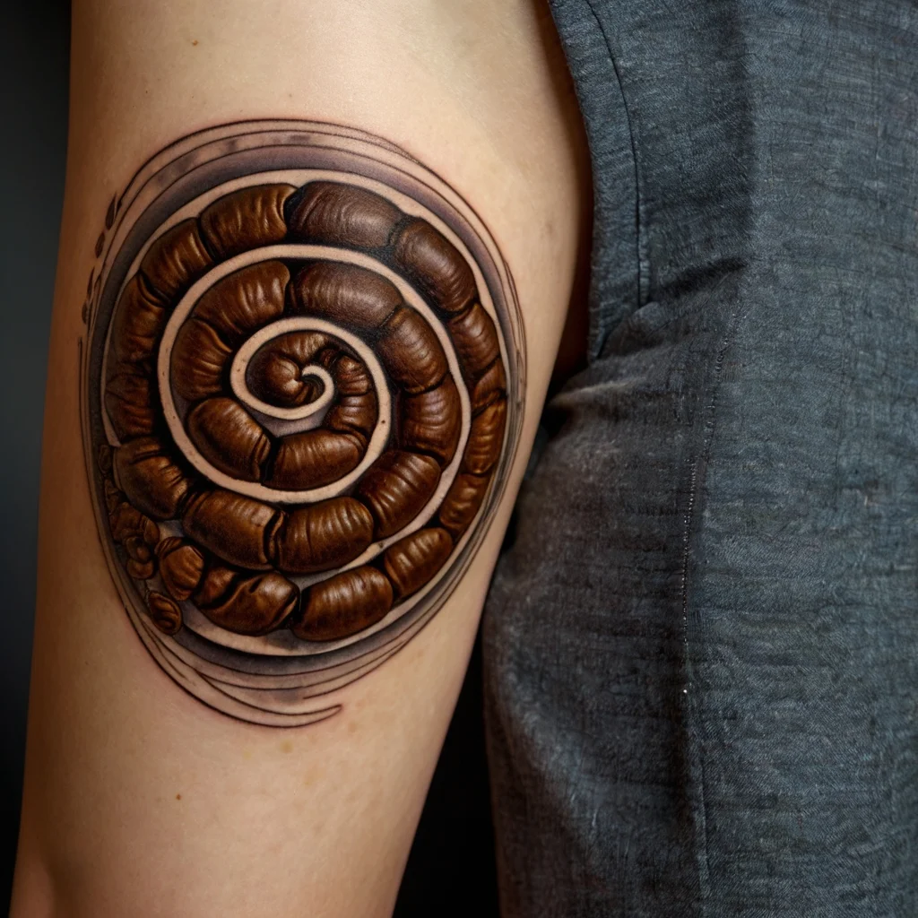 Tattoo of a detailed brown spiral resembling a fossil shell on the arm, with realistic shading and texture.