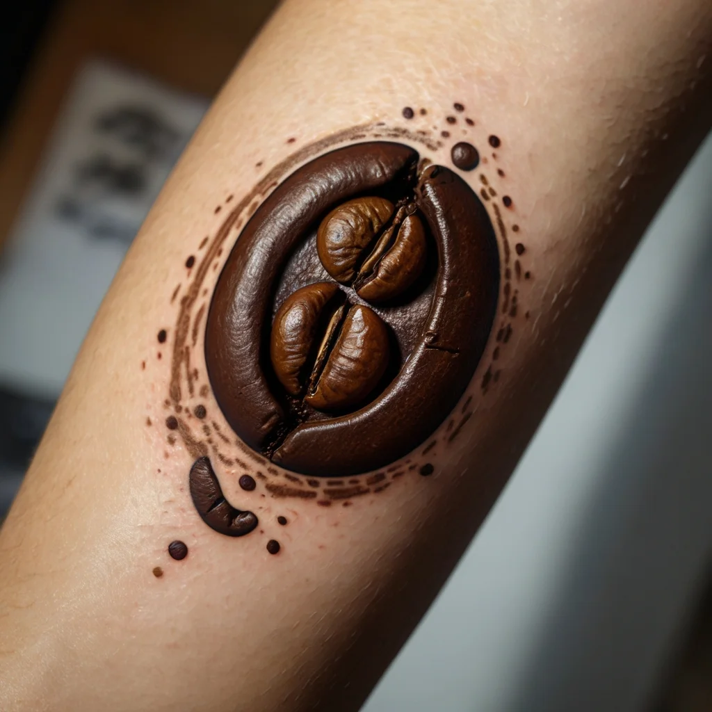 Hyper-realistic coffee bean tattoo with intricate shading, surrounded by dynamic splash patterns for depth and motion.