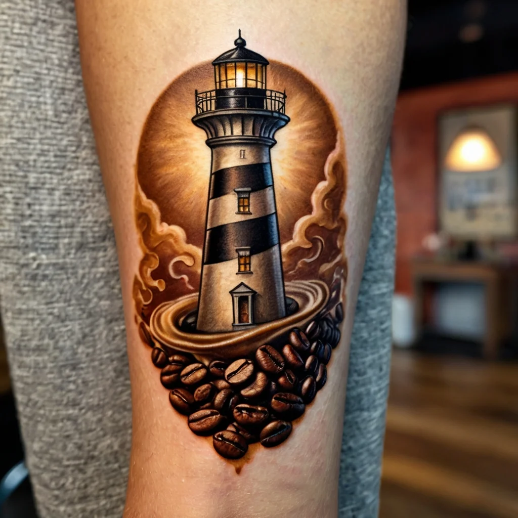 A lighthouse tattoo with swirling coffee beans and steam, set against a glowing sunset backdrop, symbolizing guidance and warmth.