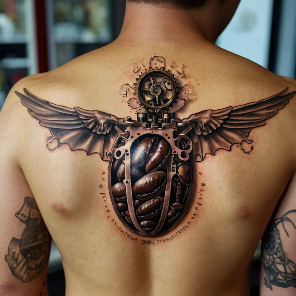 Steampunk heart with gears and wings, encased in metal, symbolizing the fusion of mechanics and human emotion.