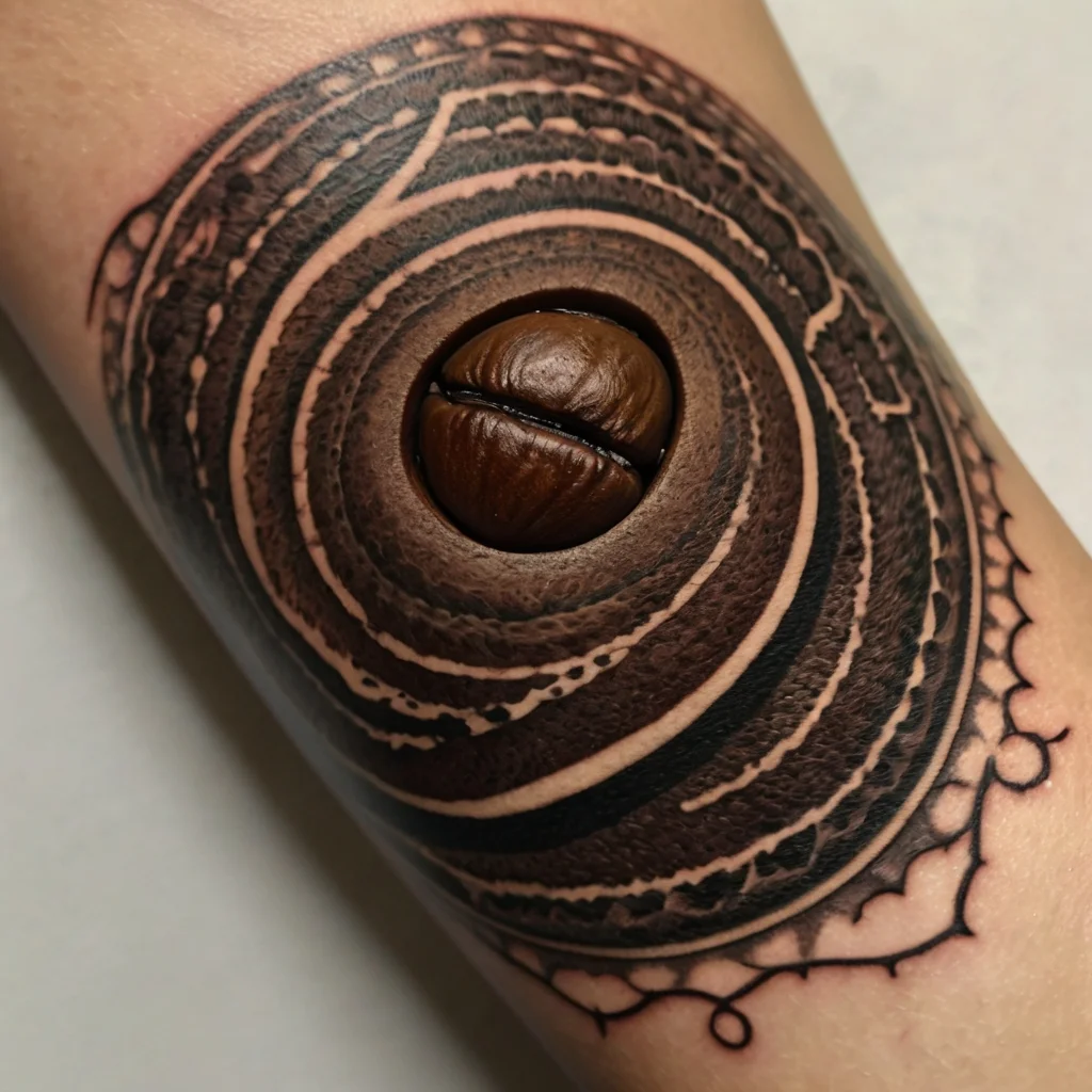 3D tattoo of a lifelike coffee bean embedded in intricate, concentric circle patterns on the forearm.