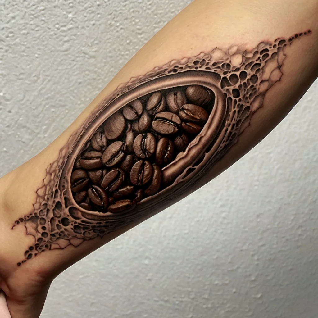 Tattoo of realistic coffee beans inside a torn skin effect, with detailed 3D shading on an arm.