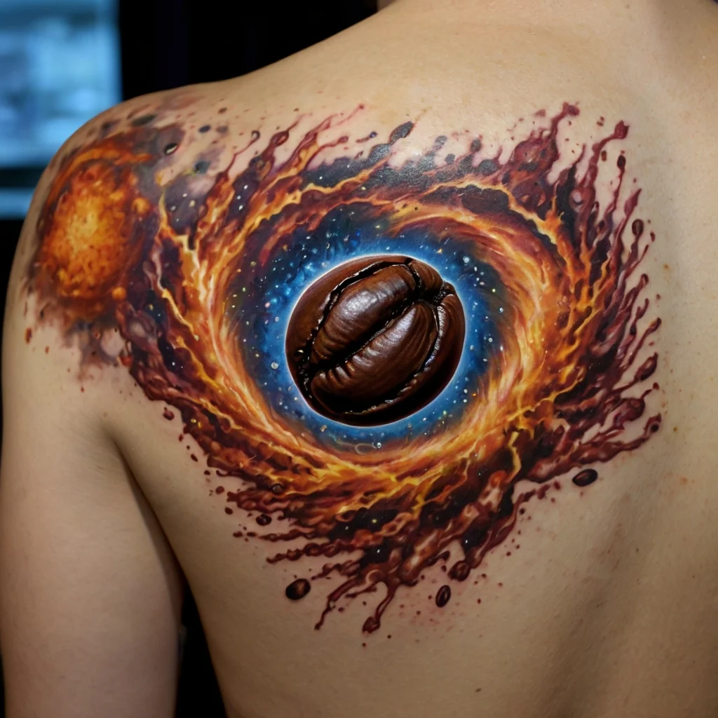 A realistic coffee bean spirals within a fiery cosmic vortex, blending color and detail artfully across the shoulder.