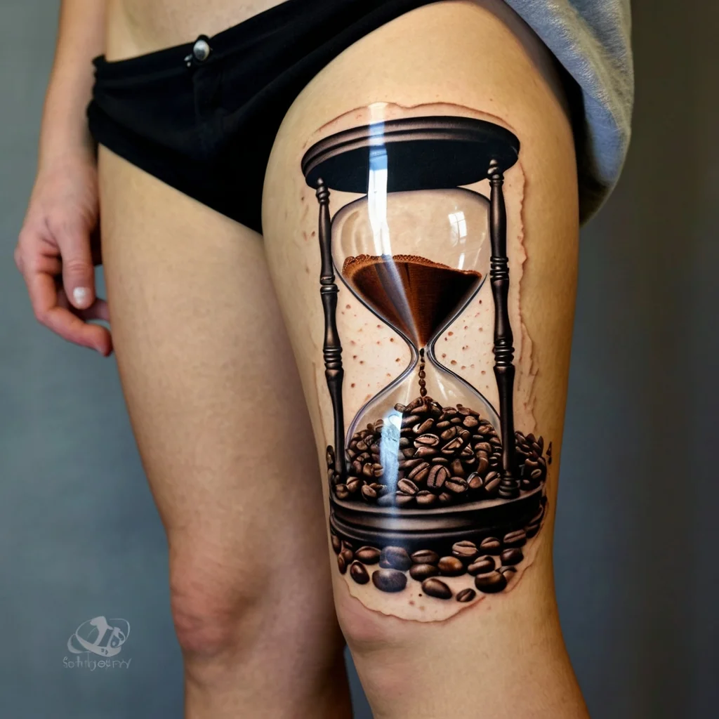 3D hourglass tattoo on thigh, filled with coffee beans and sand, symbolizing time and passion for coffee.