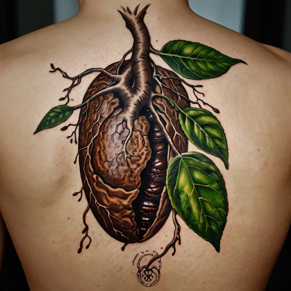 A realistic cocoa pod tattoo with roots and vibrant green leaves on the back, symbolizing growth and connection to nature.