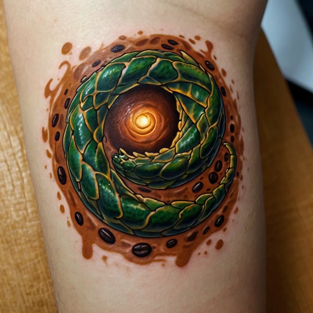 Tattoo of a green snake coiled into a spiral on wood texture, with glowing orange center and dynamic 3D shading.