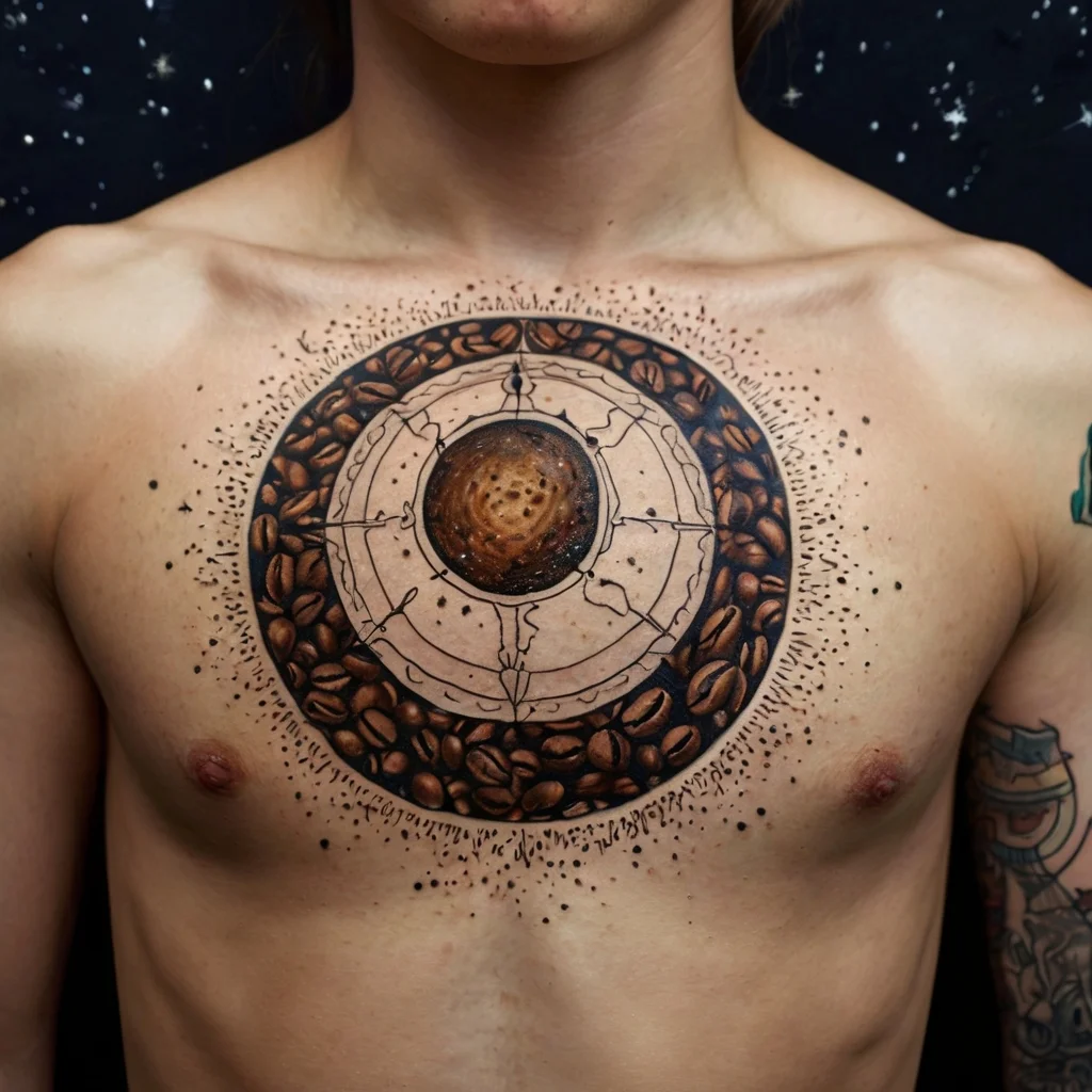 Circular chest tattoo with coffee bean border, abstract lines, and a central coffee planet design, surrounded by dots.