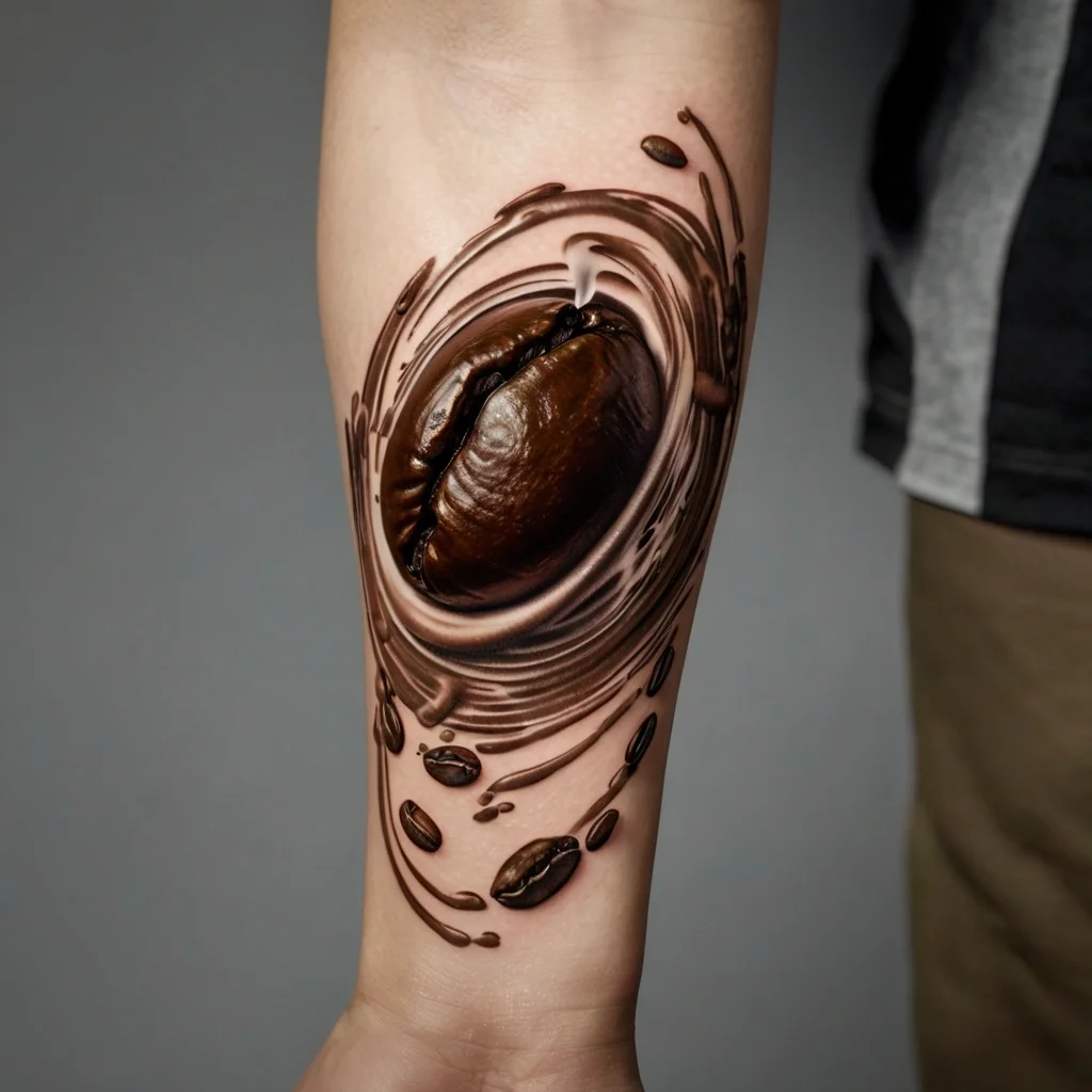 Realistic 3D tattoo of a coffee bean with swirling liquid effects around it, creating a dynamic, lifelike design.