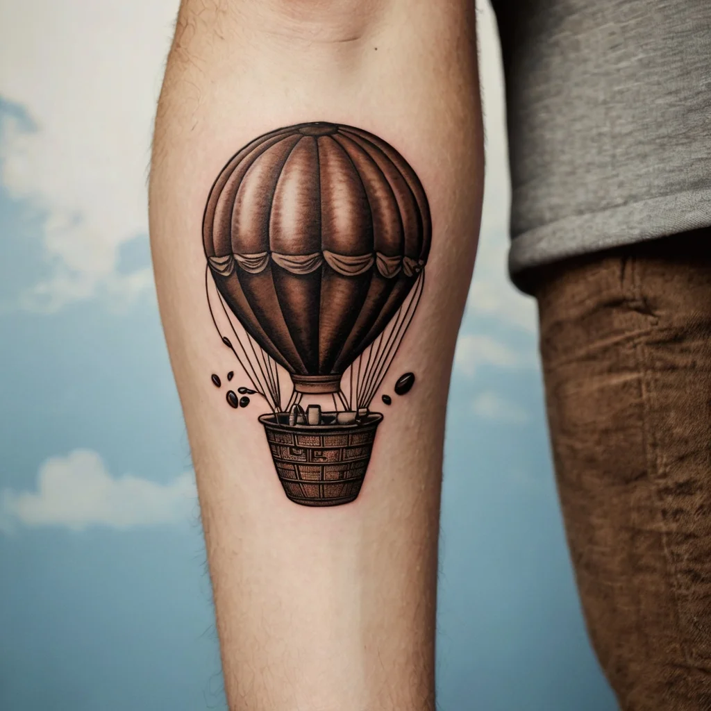 Tattoo of a detailed hot air balloon in grayscale on the forearm, with a woven basket and shading for a 3D effect.