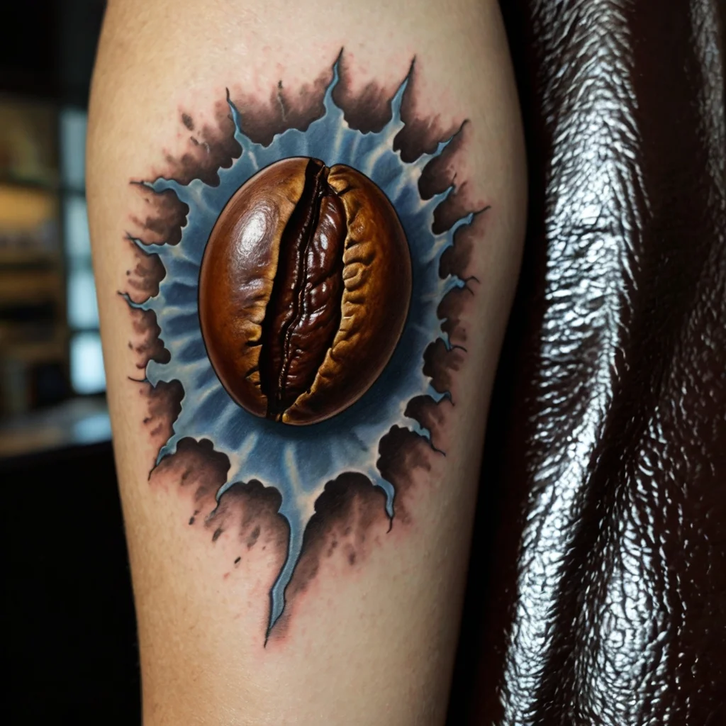 3D realistic coffee bean tattoo bursting from skin with dynamic, smoky edges in shades of blue and brown.