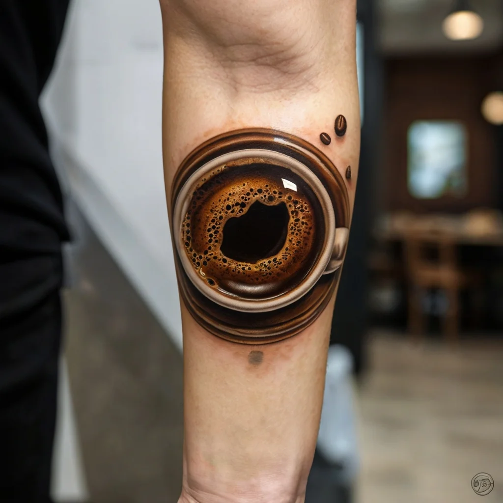 Realistic tattoo of a coffee cup on forearm, displaying frothy coffee surface and splashes, evoking a 3D effect.