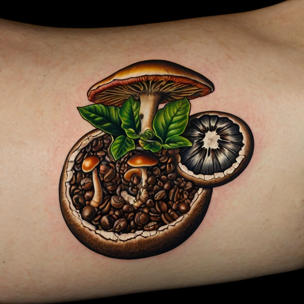 A detailed tattoo of a mushroom with coffee beans and leafy plants, symbolizing nature and growth.