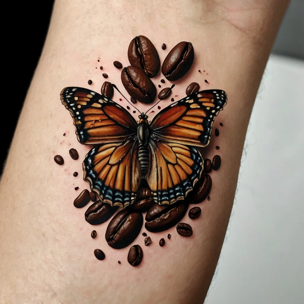 Realistic butterfly tattoo with vibrant orange wings, surrounded by detailed coffee beans on skin.