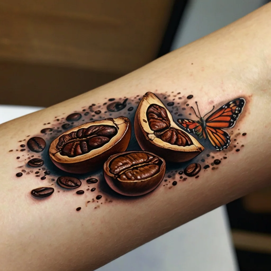 Tattoo of realistic coffee beans and a vibrant orange butterfly, symbolizing transformation and energizing beginnings.