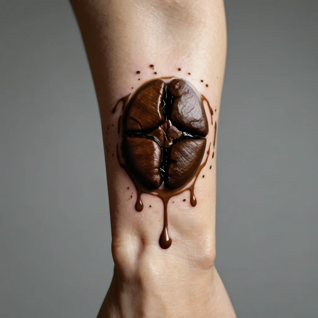 Realistic coffee bean tattoo on forearm with drips, emphasizing 3D effect and rich brown hues.