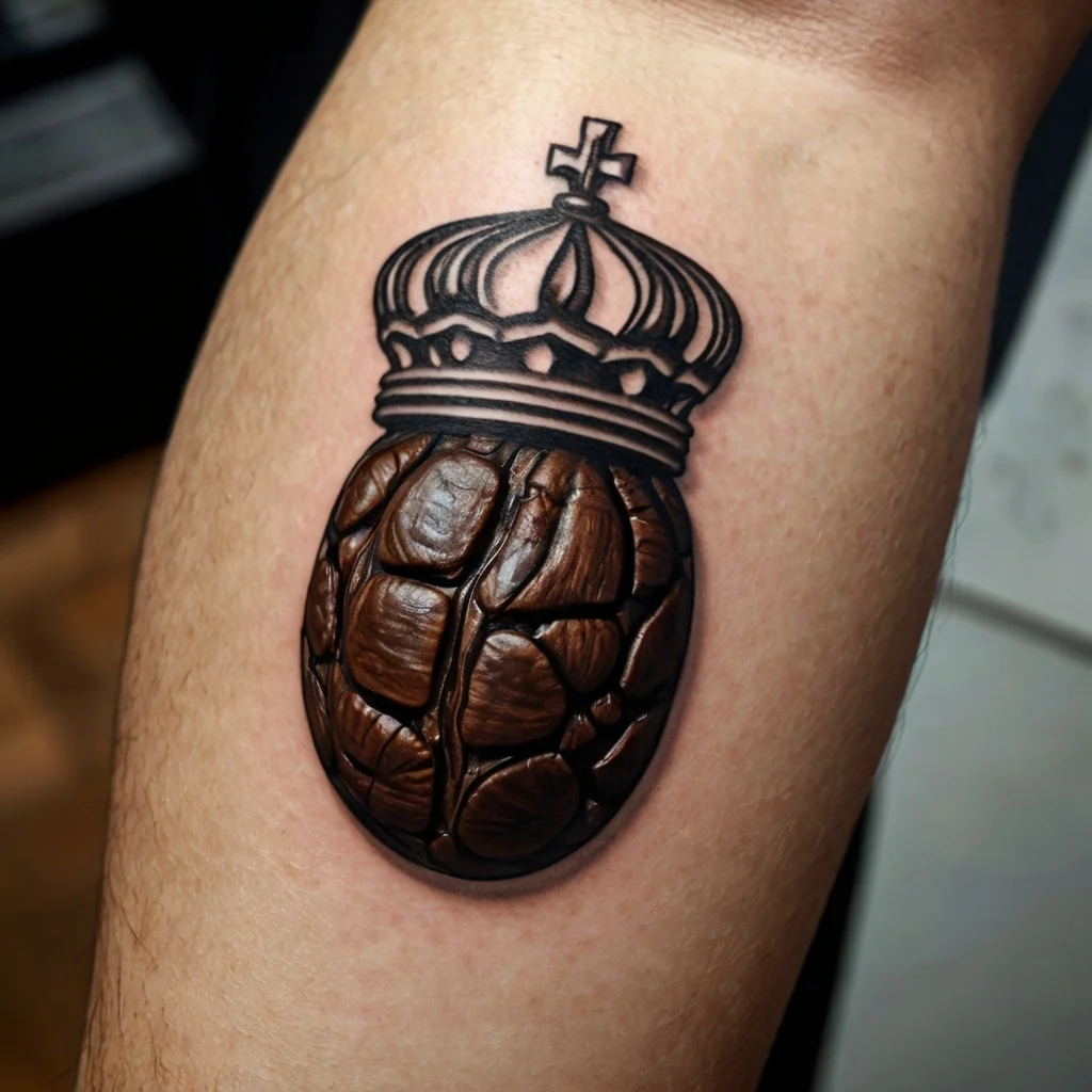 Tattoo of a crowned turtle shell, symbolizing resilience and royalty, with detailed shading for a 3D effect.