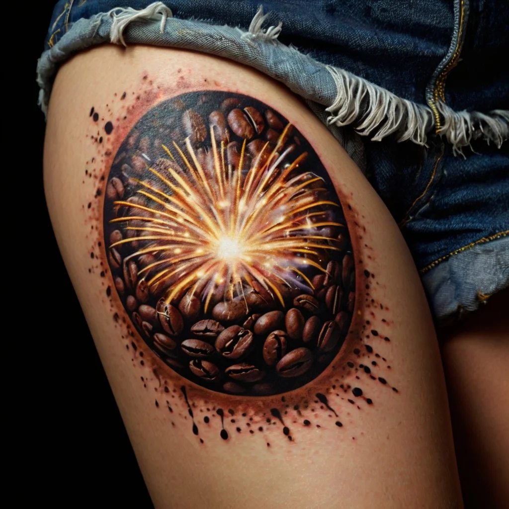 Tattoo of a coffee bean burst with fiery explosion design on the thigh, blending realism and vibrant energy.